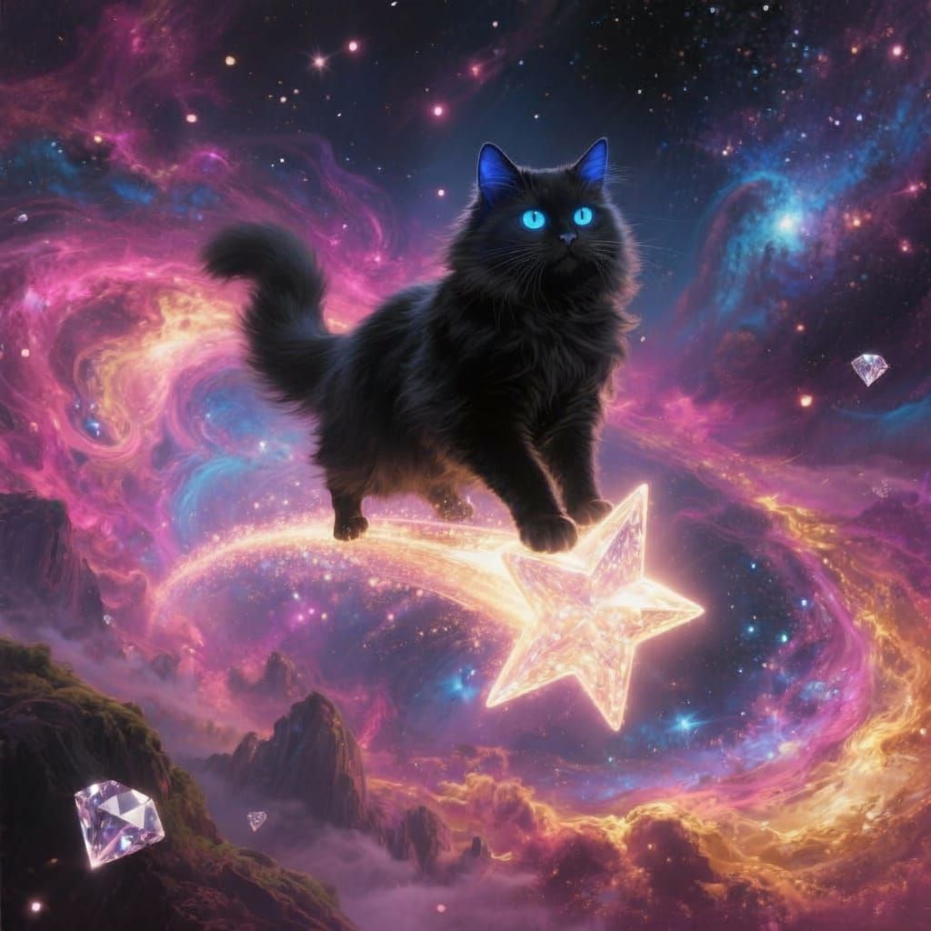 Black Persian Cat Rides Shooting Star Through Universe