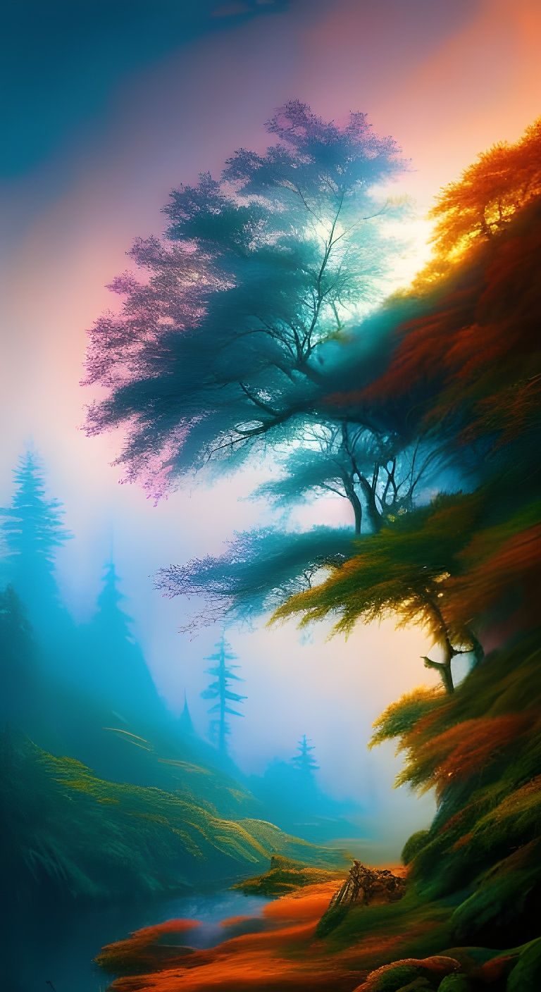 Mystical Nature Scene in Detailed Gouache Painting