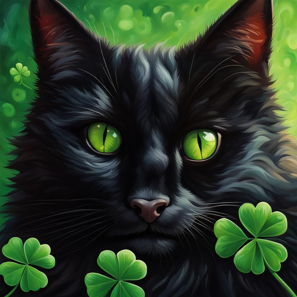 Fluffy Black Cat and Lucky Clover in Splash Art