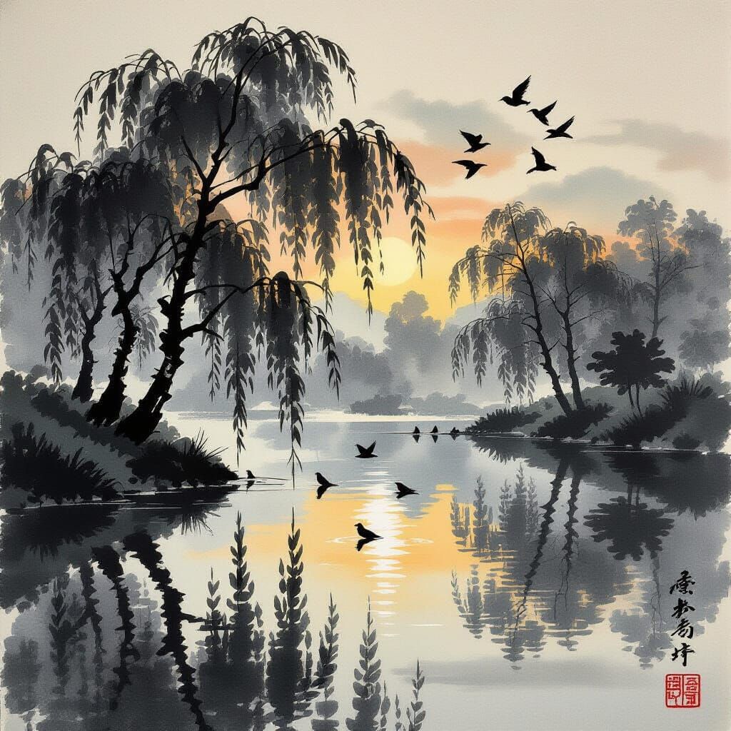 Crystal Brook Reflects Willows in Japanese Ukiyo-e Style