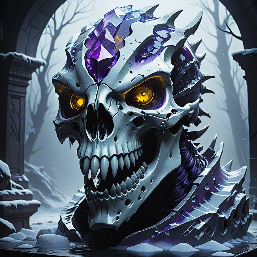 Surreal Frozen Raptor Skull in Ice Sculpture