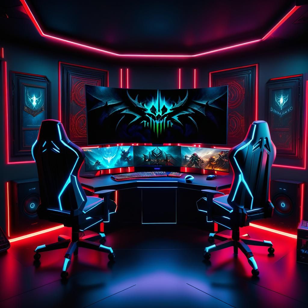 Diablo III Gaming Setup in Neon Lit Room
