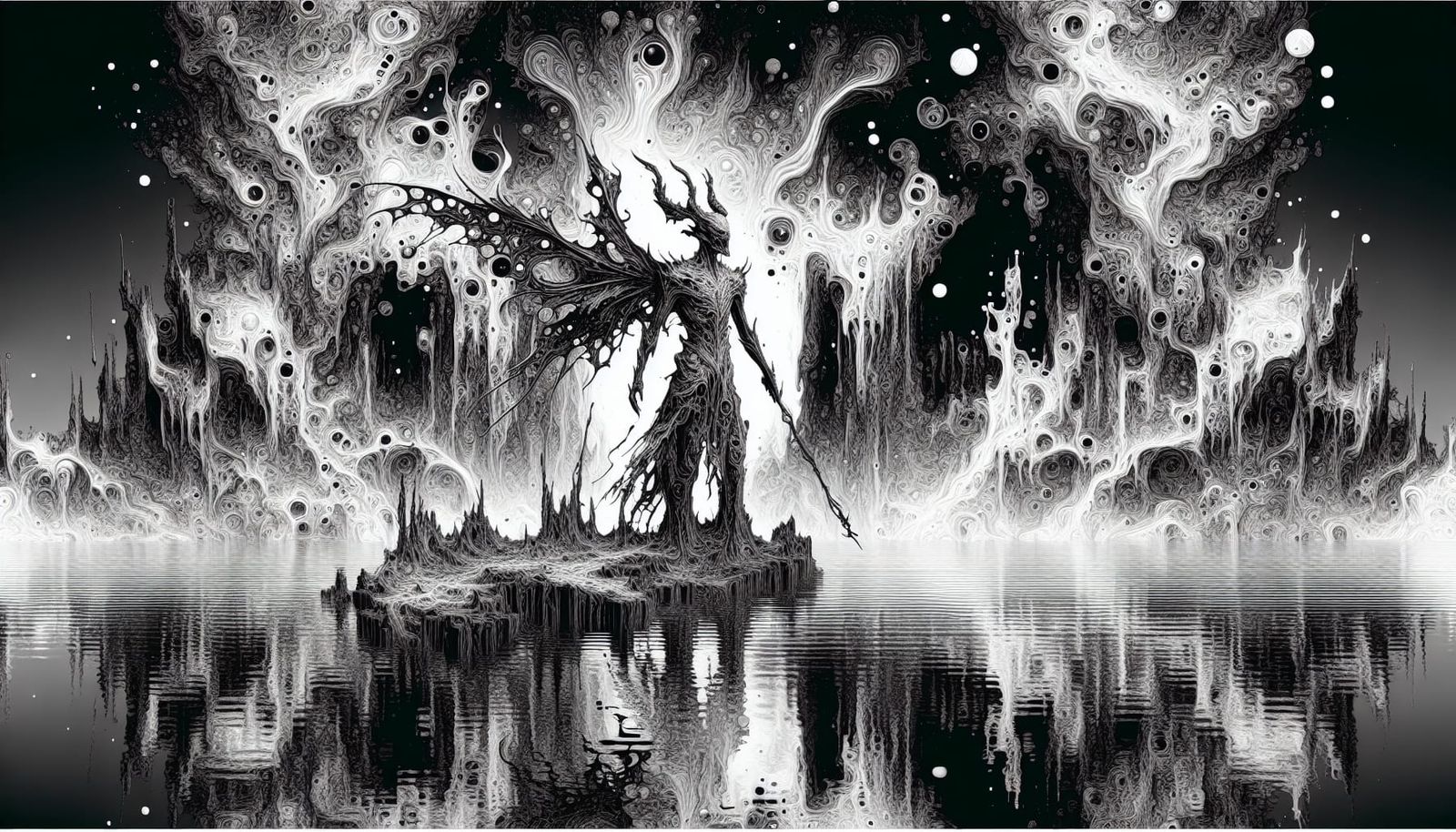 Demonic Figure Near Corrupted Lake in Inkblot Art