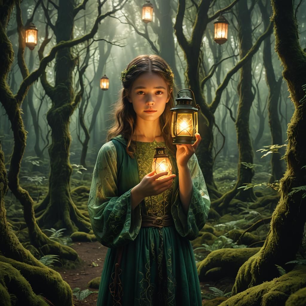 Girl with Glowing Lantern in Ominous Forest