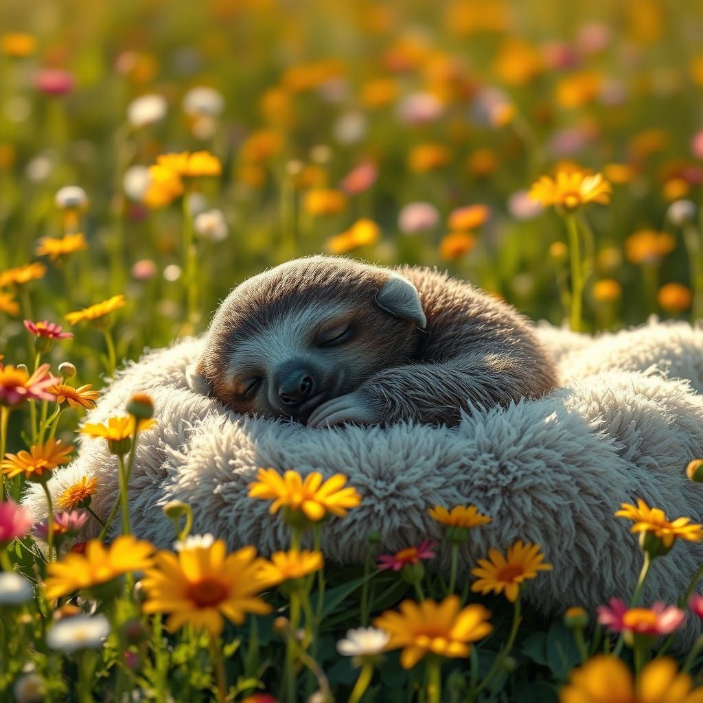 Hyperrealistic Baby Sloth Sleeping in Wildflower Field