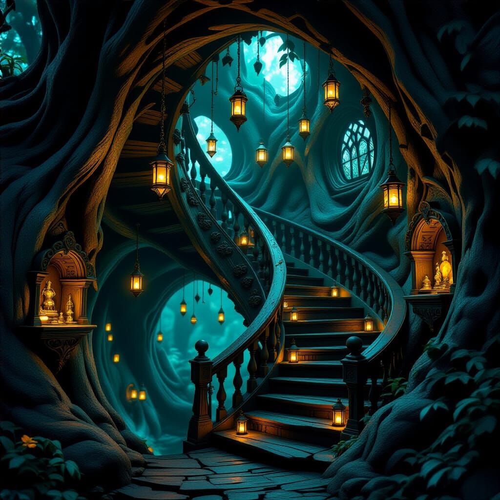 Enchanted Staircase in Ancient Hollow Tree