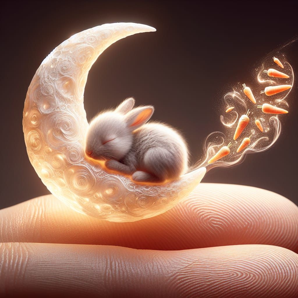 Miniature Dreamlike Fantasy Scene with Baby Bunny and Glowin...
