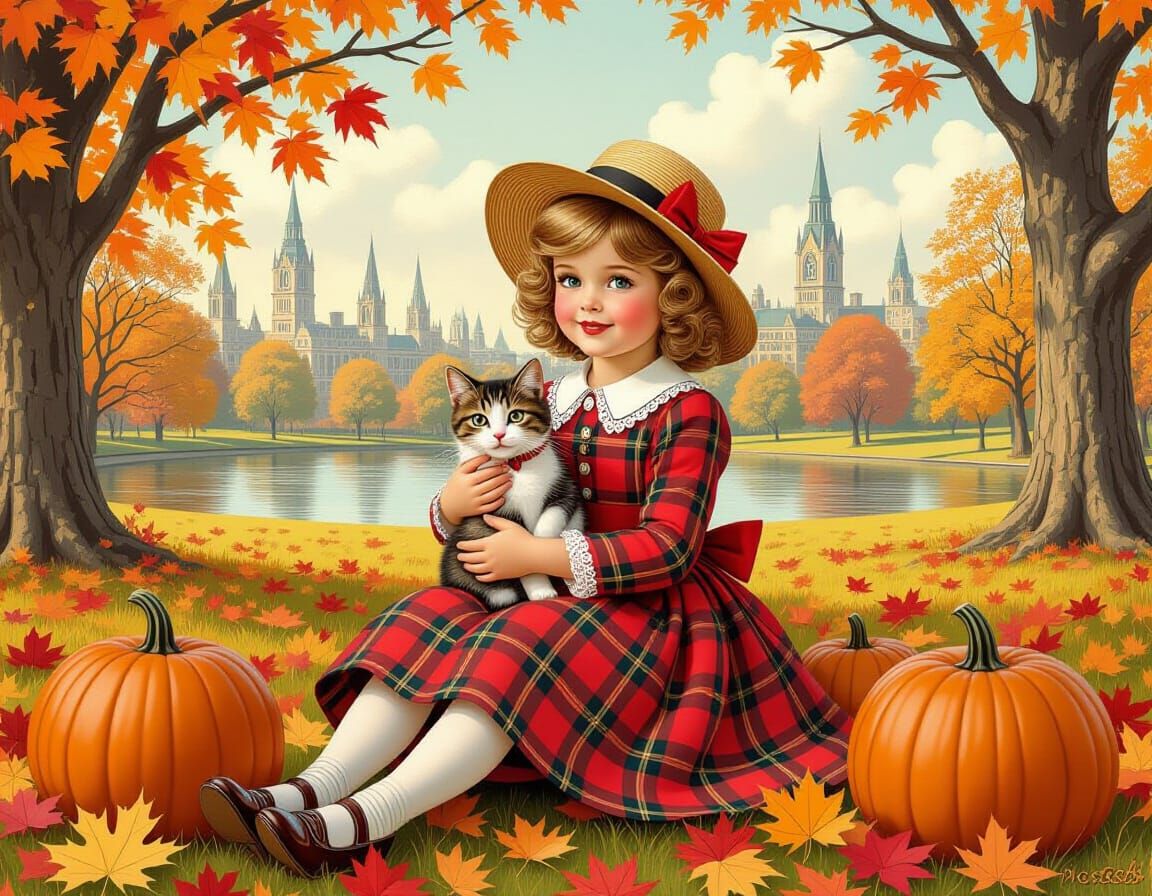 Victorian Girl Celebrates Autumn: Whimsical Digital Illustra...