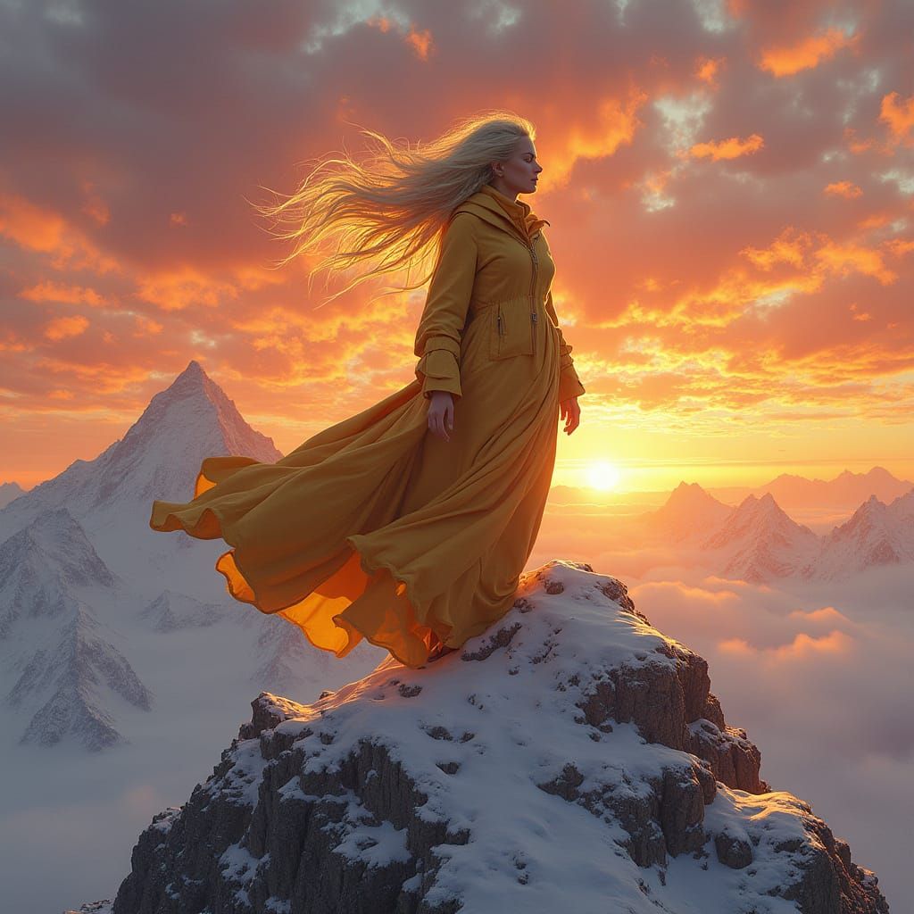 Golden Supermodel on Snowy Peak: Hyperrealistic Art