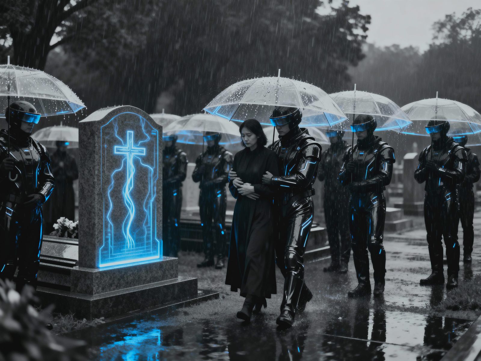 Realistic Year 3000 Funeral in Pouring Rain