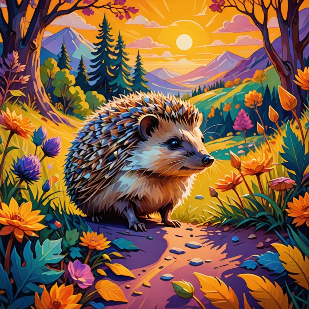 Hedgehog's Whimsical Adventure: A Fauvist Art Nouveau Scene