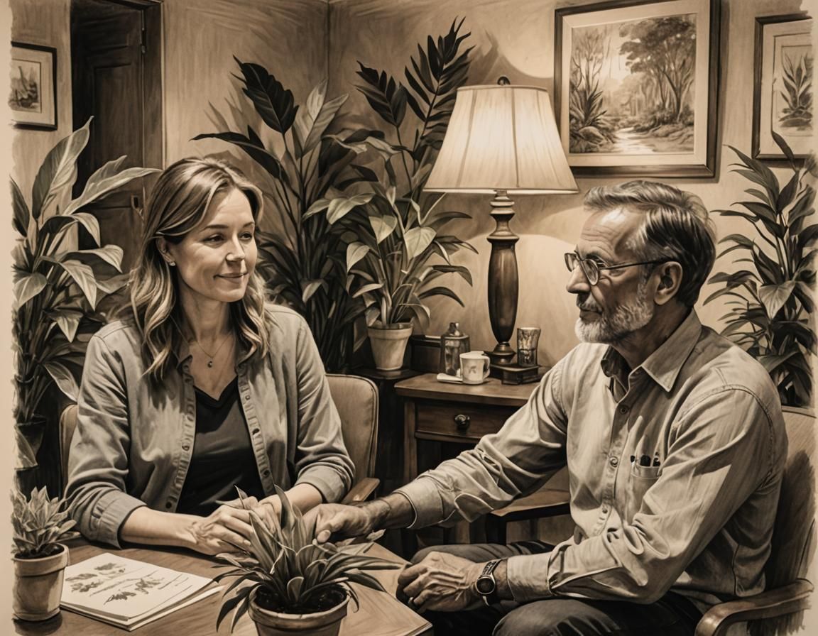 Cozy Therapy Room in Detailed Charcoal Drawing