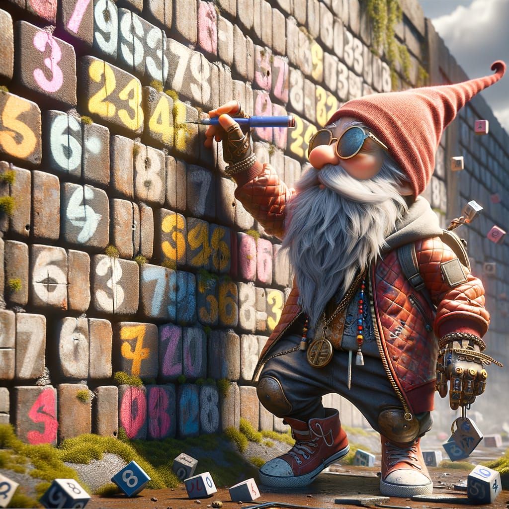 Fashionable Gnome Graffiti Artist in Fantasy Cityscape