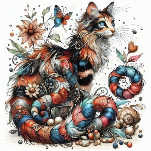 Whimsical Ink Drawing of a Serpentine Cat in a Lush Love For...