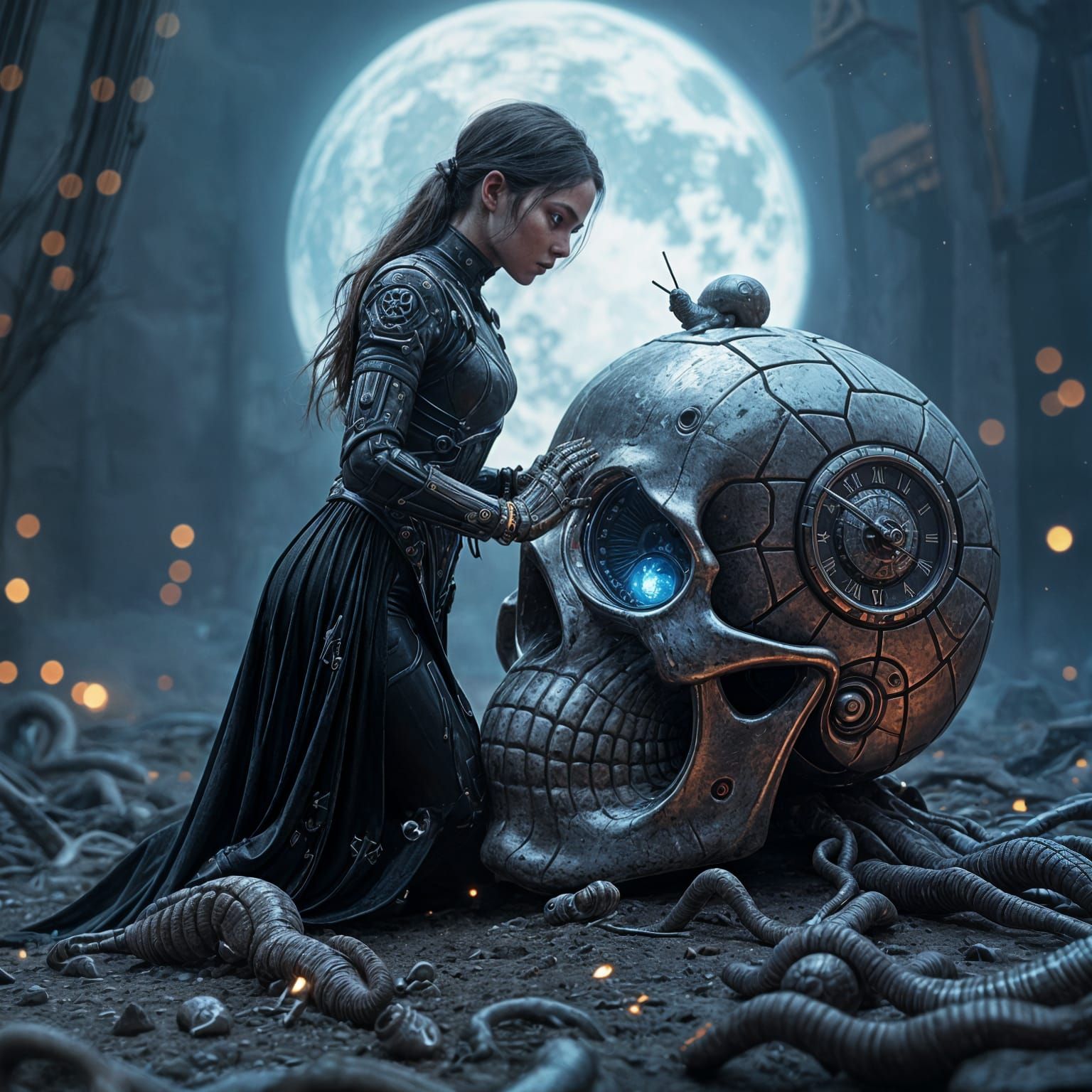 Sci-Fi Girl with Skull, Clock and Moon