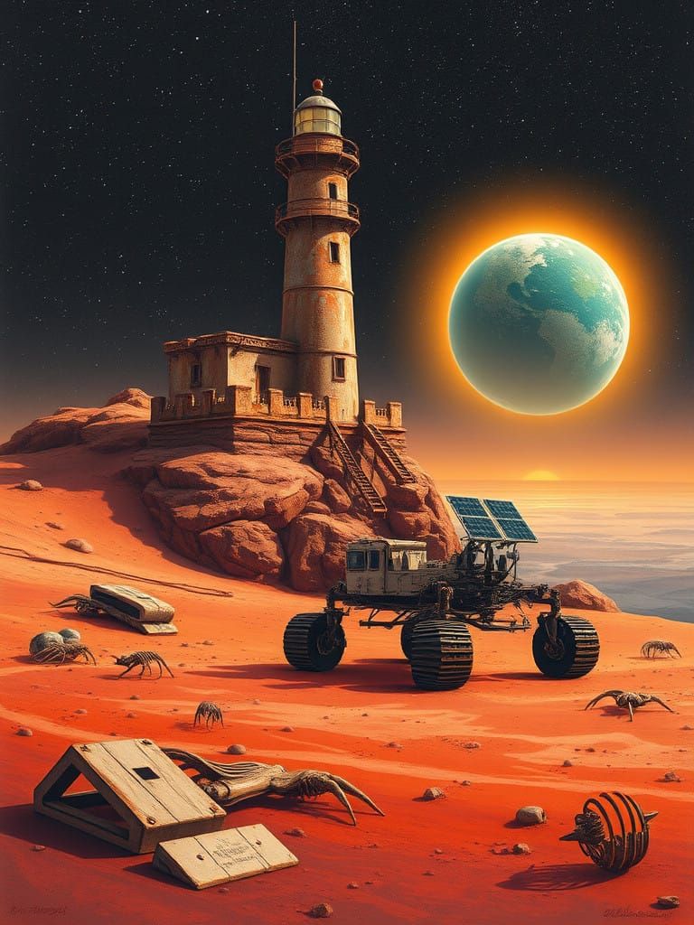 Rustic Martian Lighthouse over Crimson Seabed in Retro-Futur...