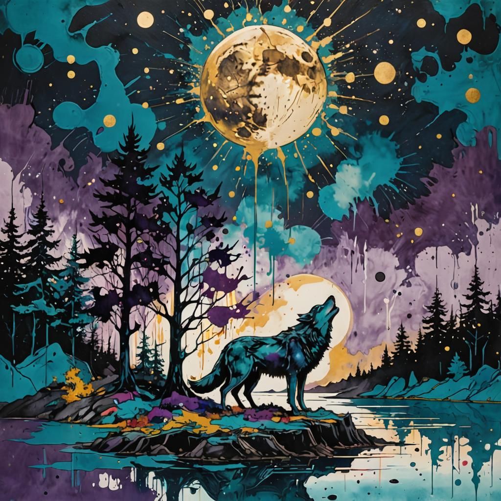 Lone Wolf Howling at Moon in Ink Splatter Style
