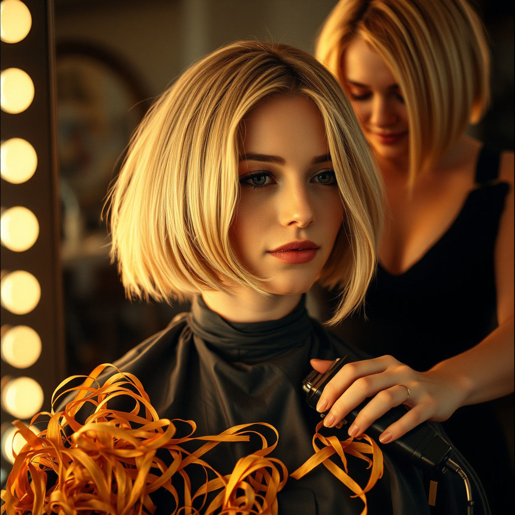 Blonde Woman's Chic Bob Haircut, Cinematic Style