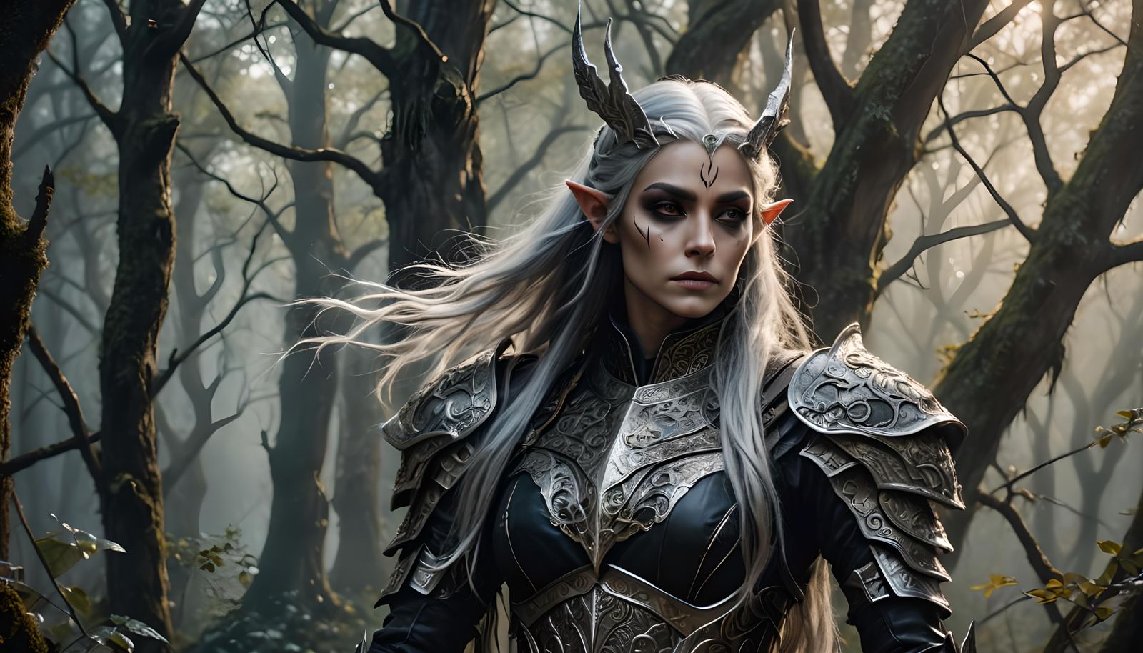 Hyperrealistic Dark Elf Woman with Silver Hair
