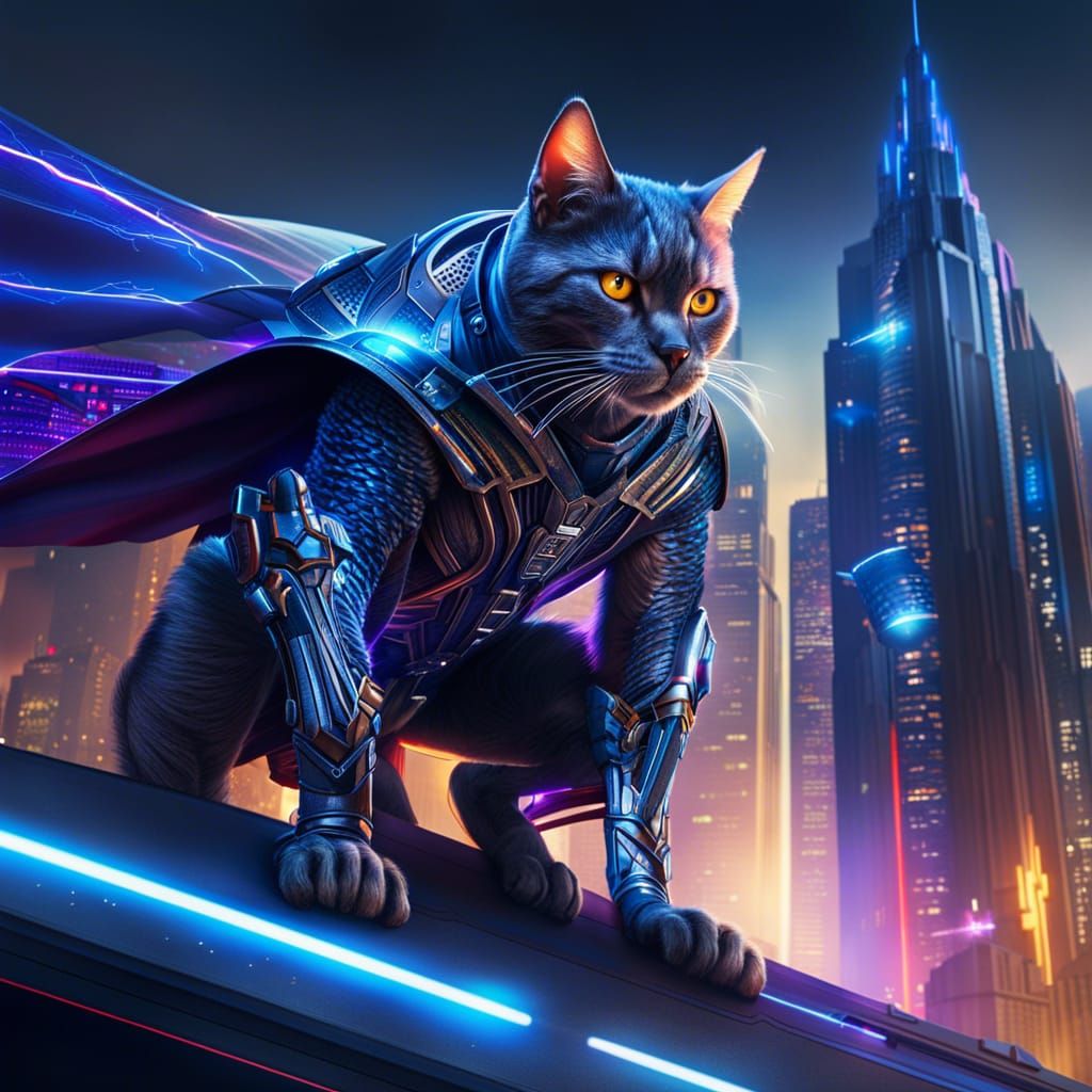 Supercat Warrior Flying Over Sci-Fi City in 16k