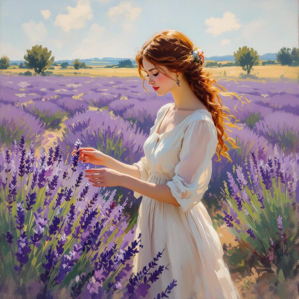 Contemplative Woman in Lavender Field, Impressionistic Style