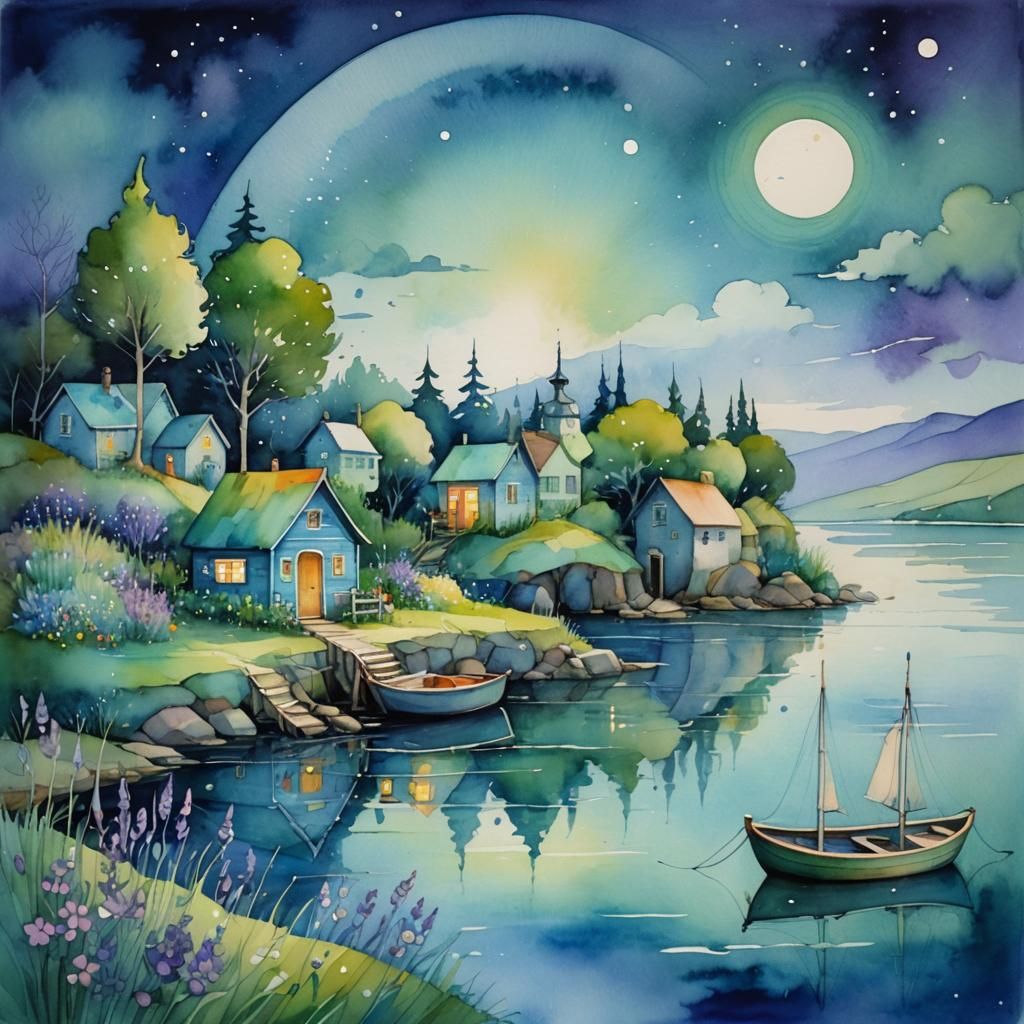 Ethereal Lakeside Cottage in Blue and Lavender Watercolor