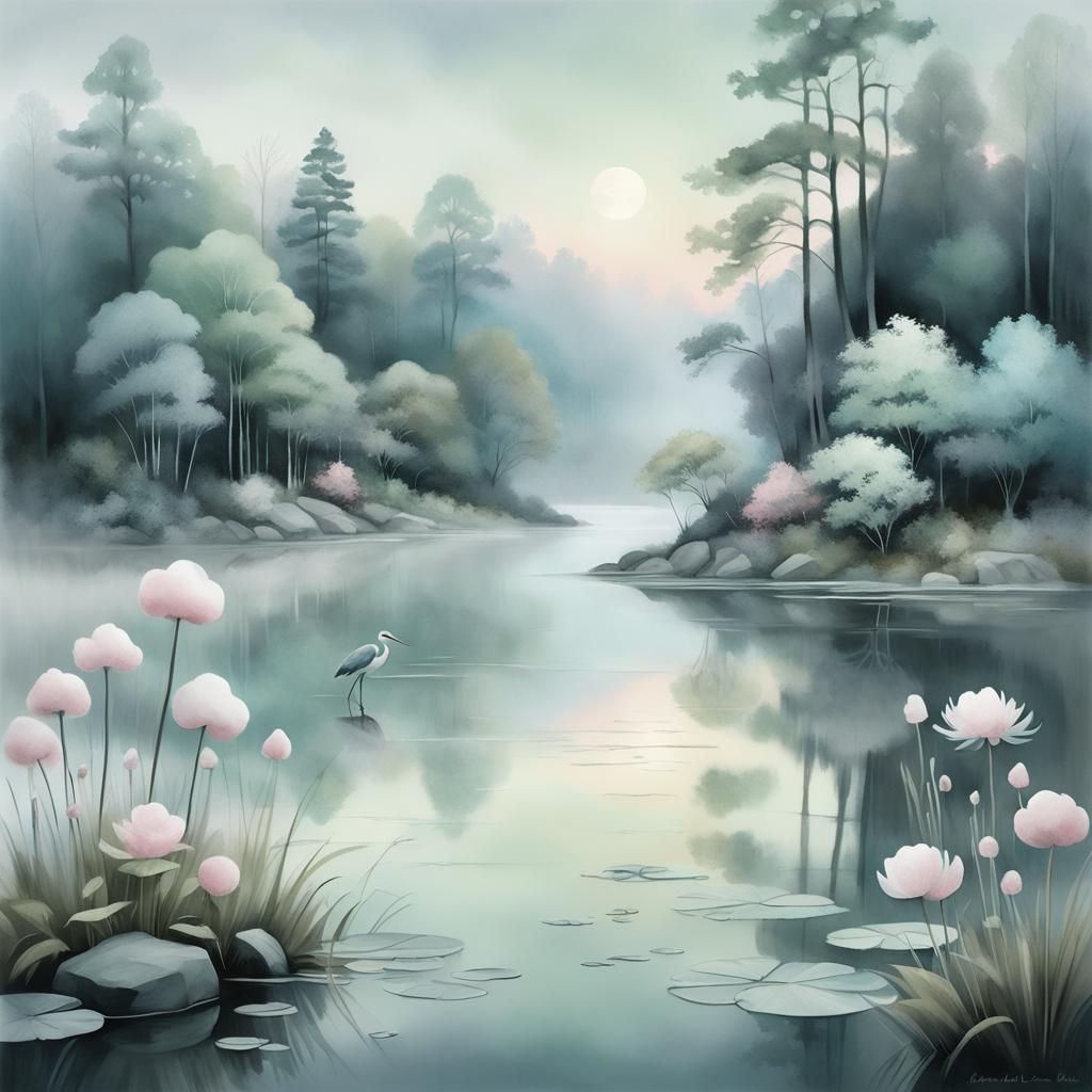 Misty Marshmallowpunk Landscape with Herons in Watercolor
