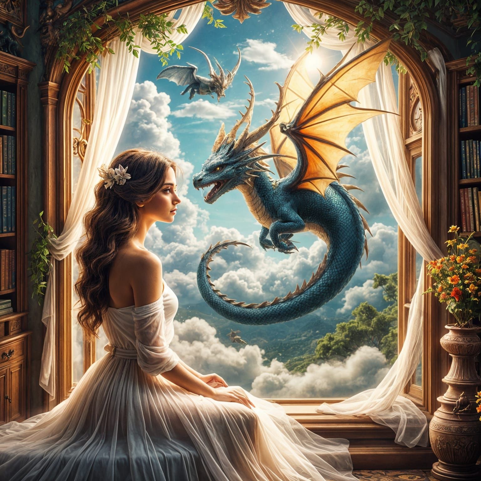 Woman Gazes at Dragon Flying Past Open Window