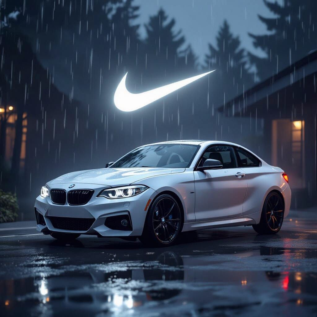 White BMW M235i in Rain with Glowing Nike Symbol