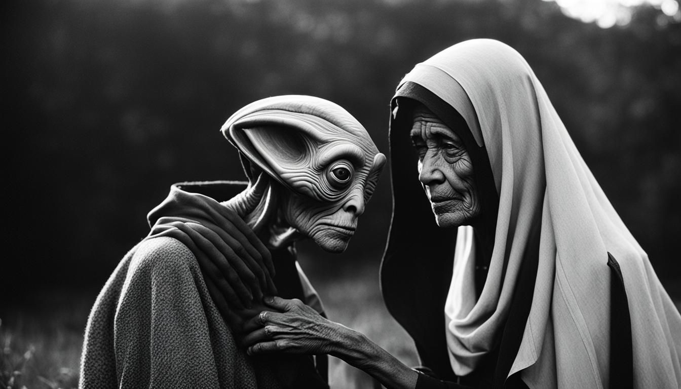 ET Alien Embracing Old Woman: Black and White Photography