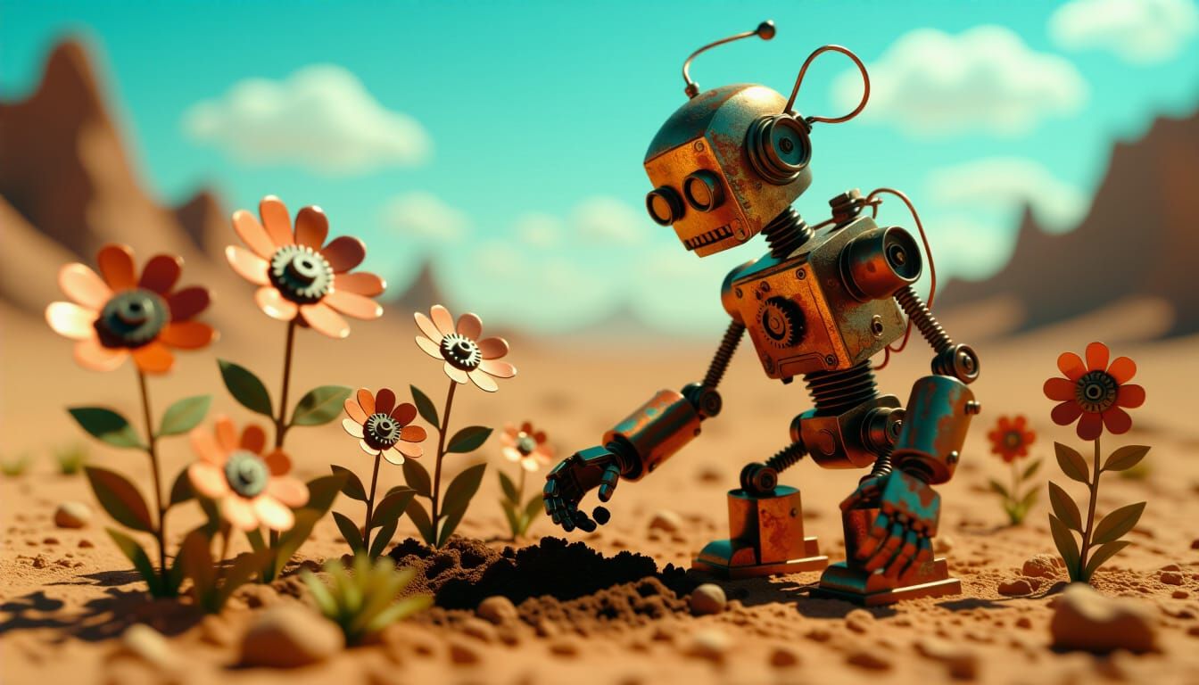 Robot Gardener on Barren Planet in Surreal Style