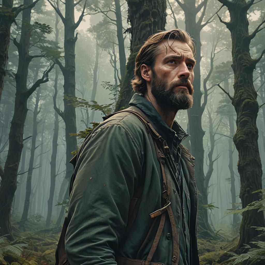 Heroic Bearded Man in Mystical Forest