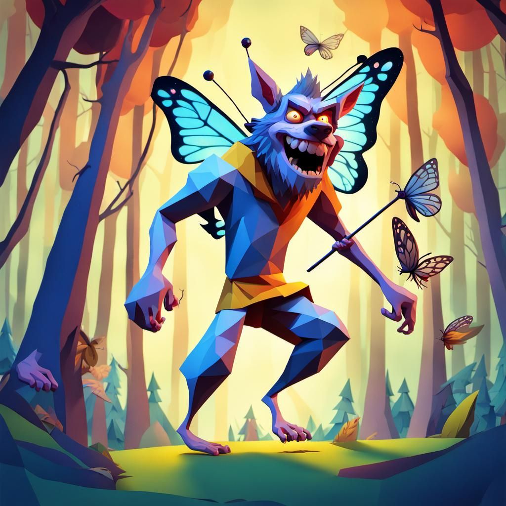 Funny Werewolf Chasing Fairies in Whimsical Forest