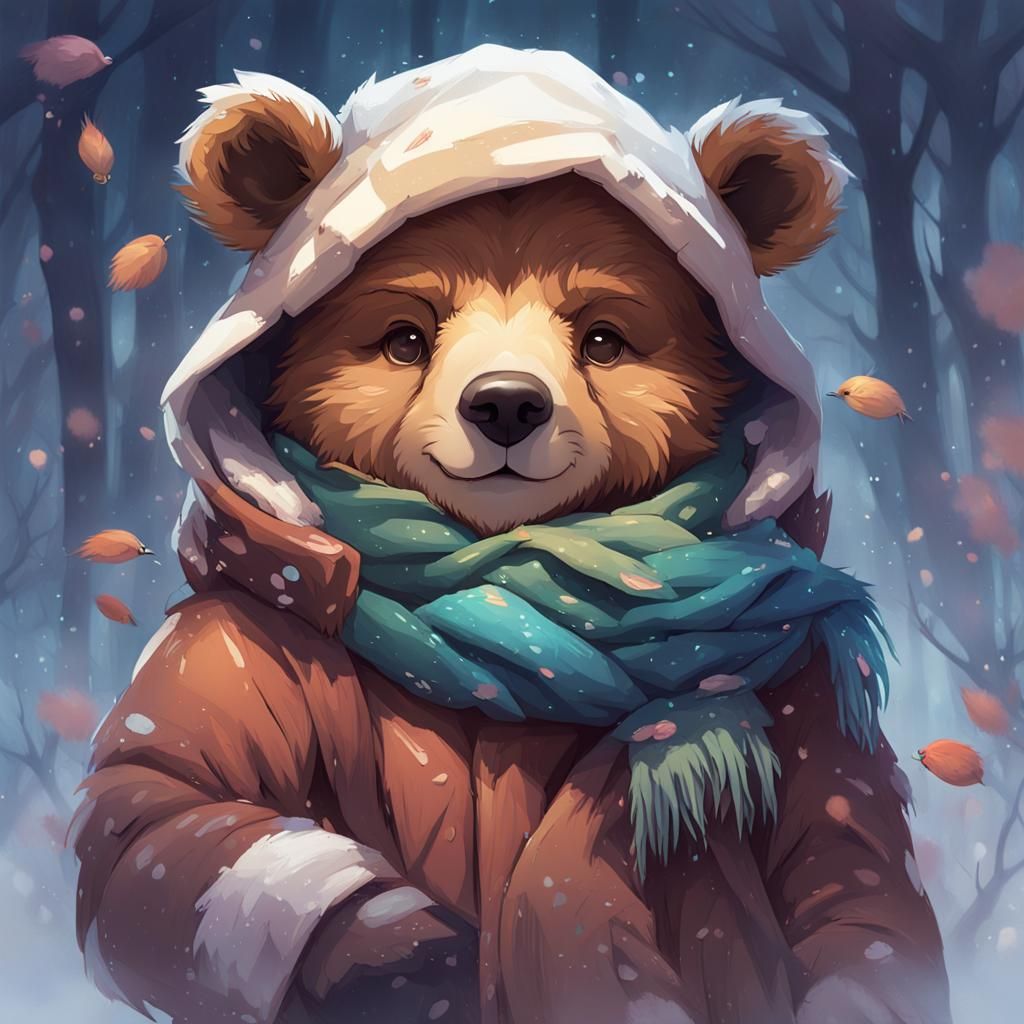 Cute Sleeping Bear with Forest Friends in Disney Style