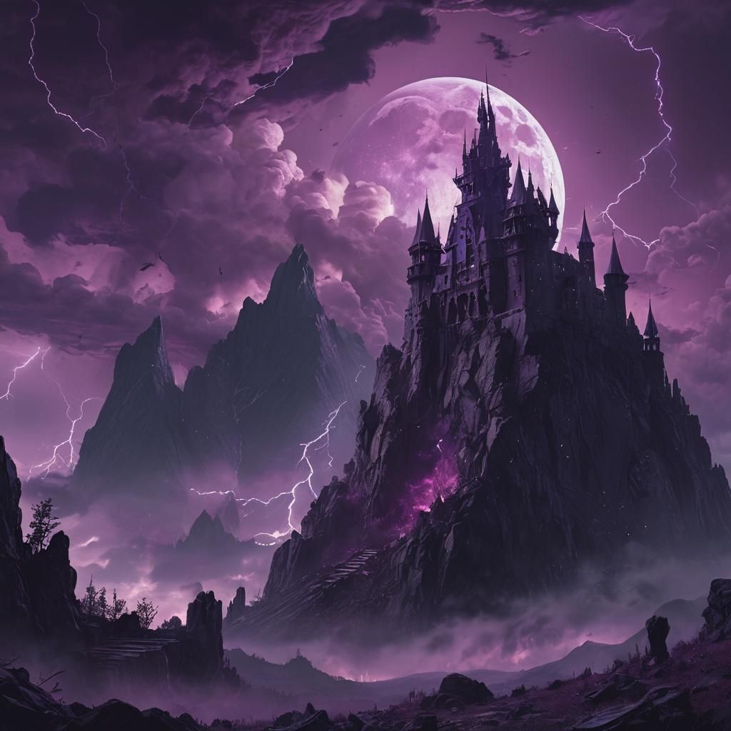 Dystopian Castle in Purple Lightning Storm