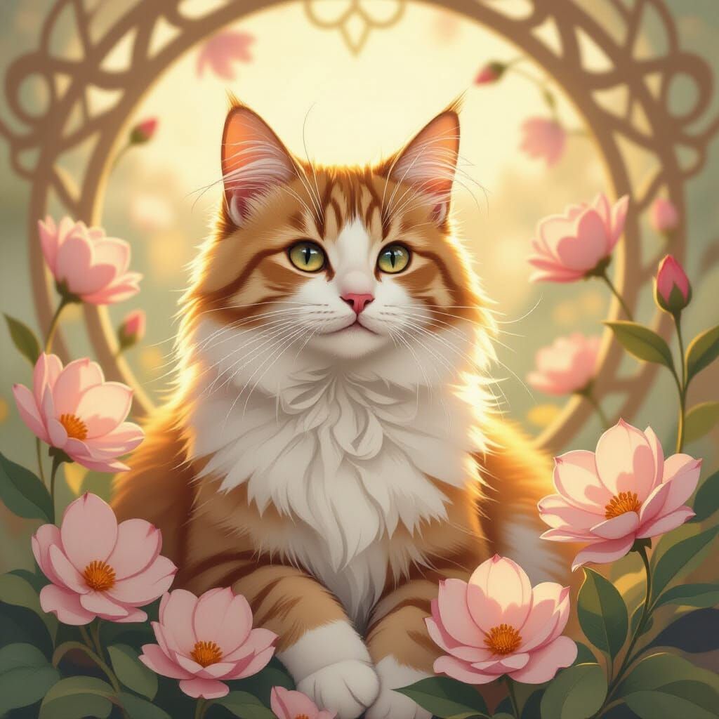 Cat Surrounded by Flowers in Art Nouveau Style