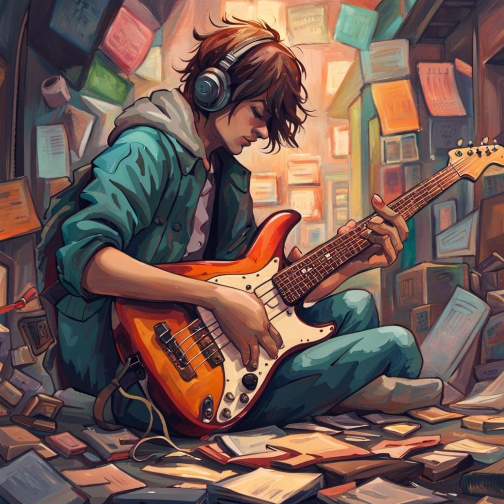 Teen Bassist in Dream World, Graphic Novel Style