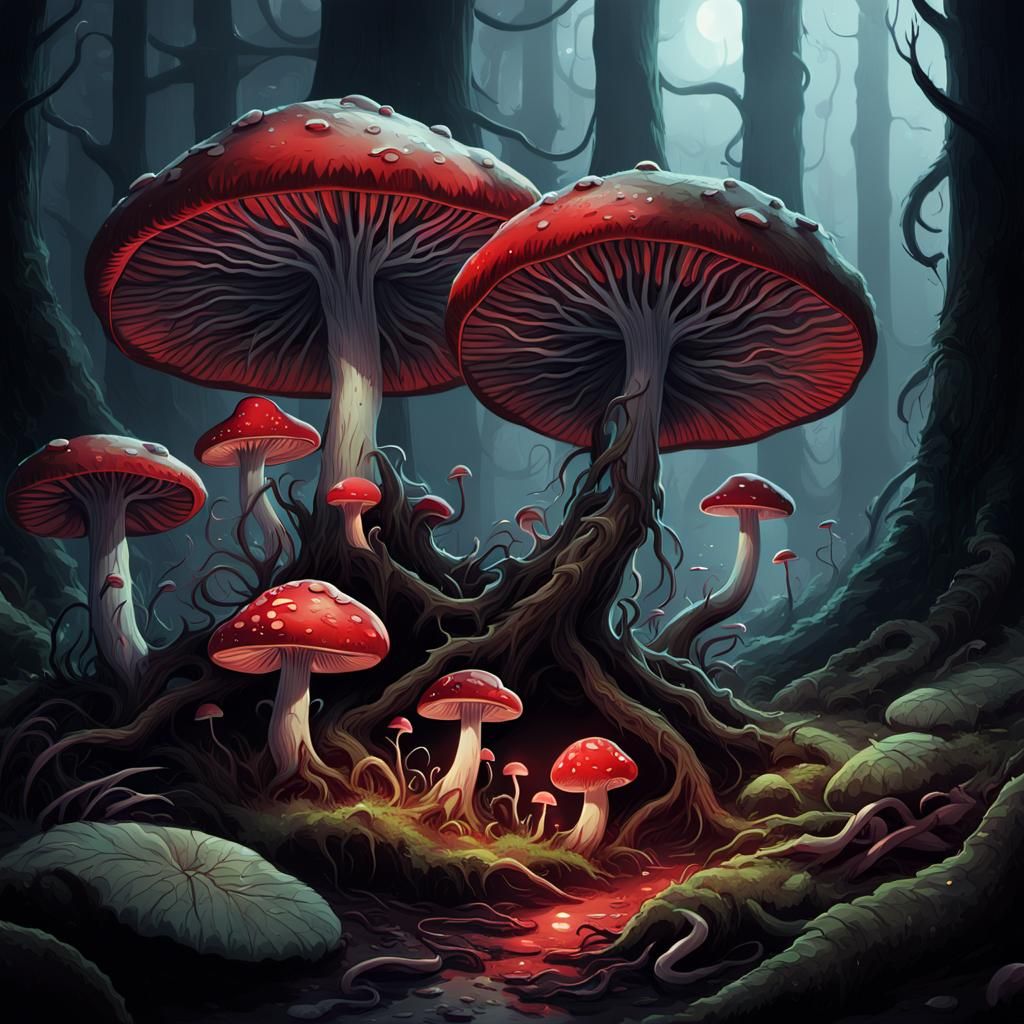 Blood-Soaked Mushroom in Dark Forest, Greg Rutkowski Style
