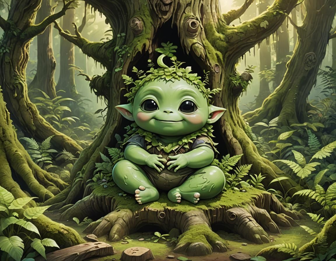 Green Chibi Alien Meditating in Magical Forest