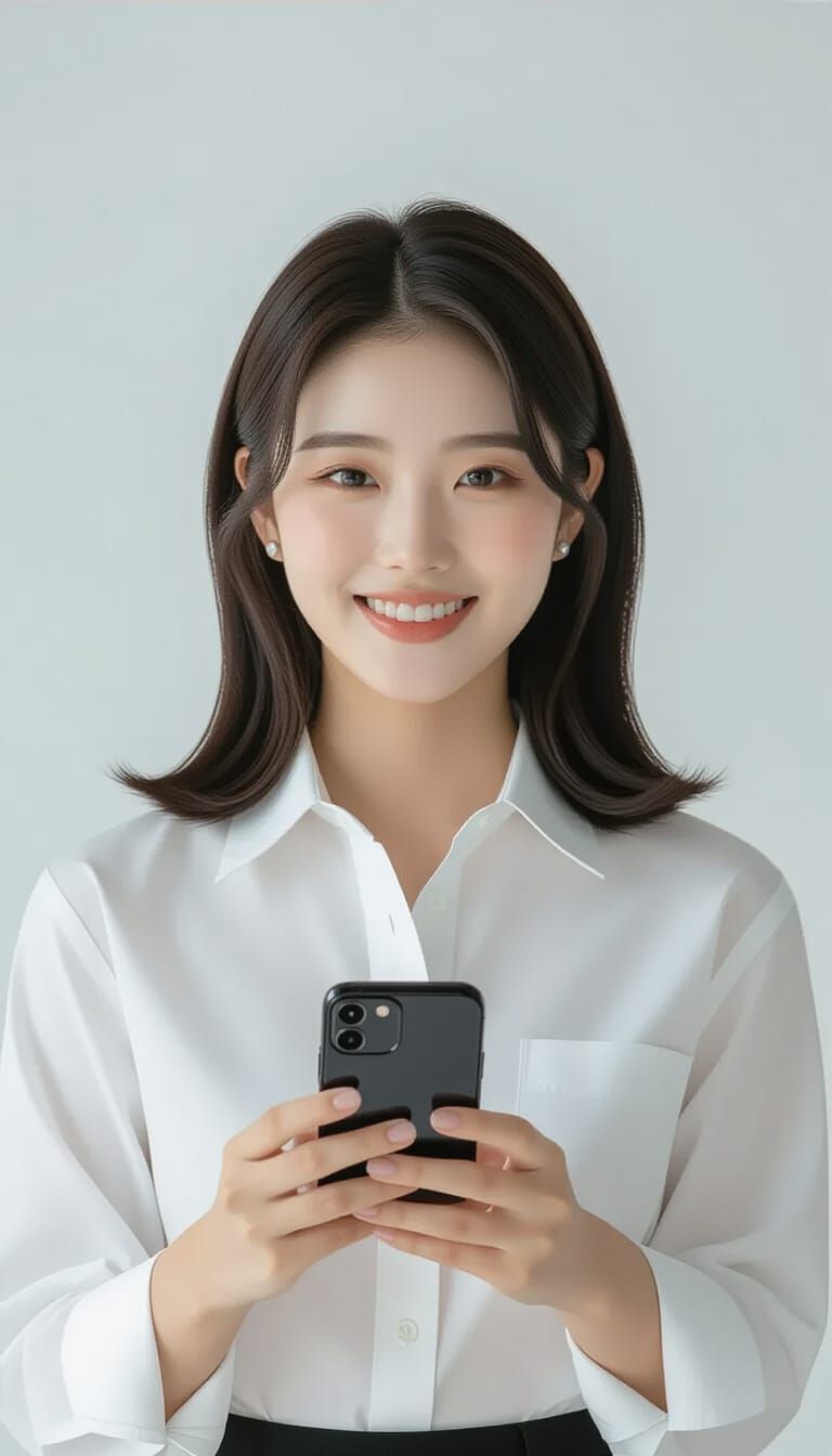 Korean Woman Poses With Smartphone in Studio Portrait