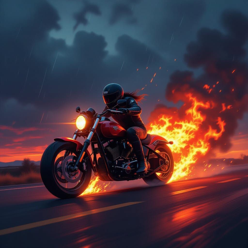 Fiery Motorcycle Races Through Stormy Night