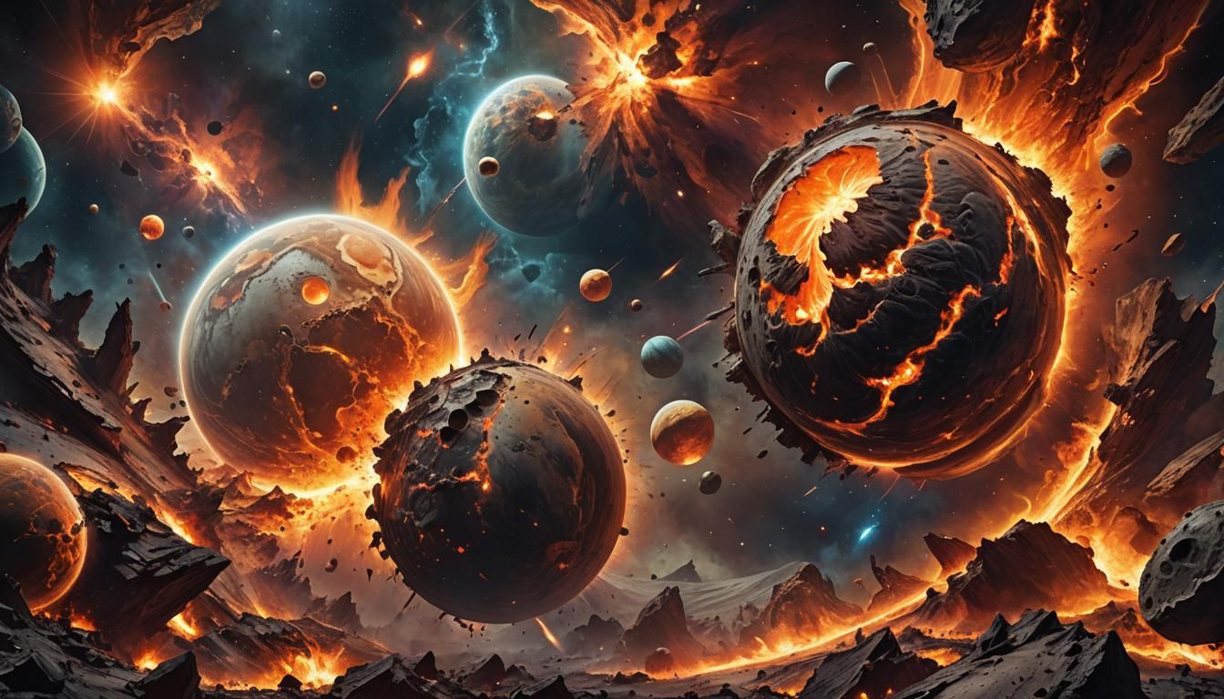 Planetary Collision: Cosmic Apocalypse in Sci-Fi Style