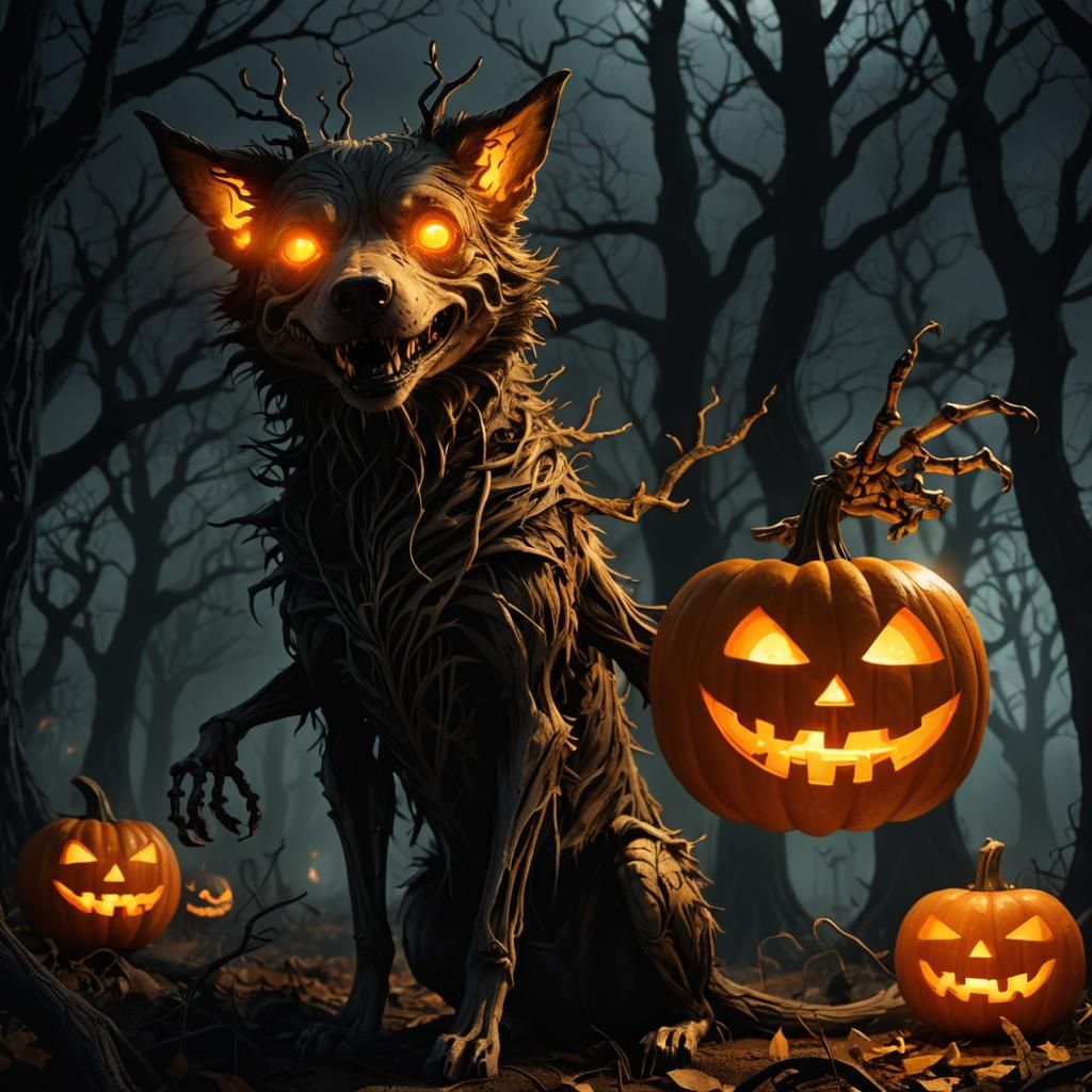 Halloween Dog Creature in Gothic Horror Forest