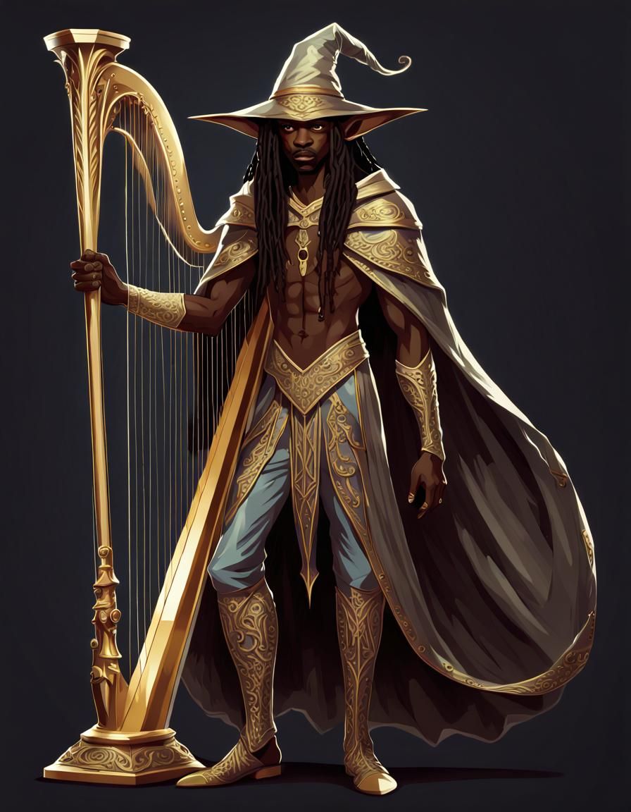 Dark Elf Wizard Playing Harp in Gothic Art Deco Style