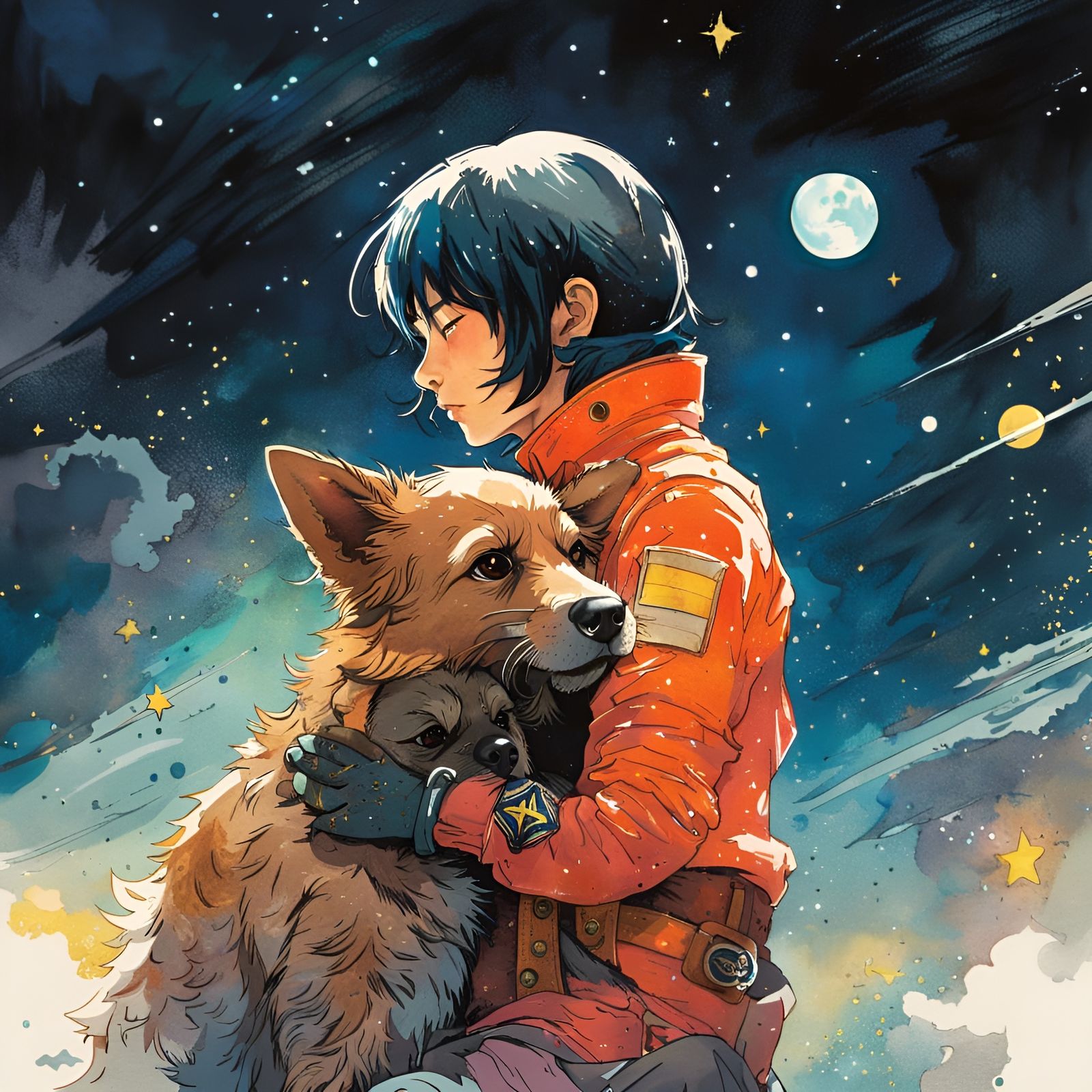 Space Pirate and Dog in Anime Watercolor Style