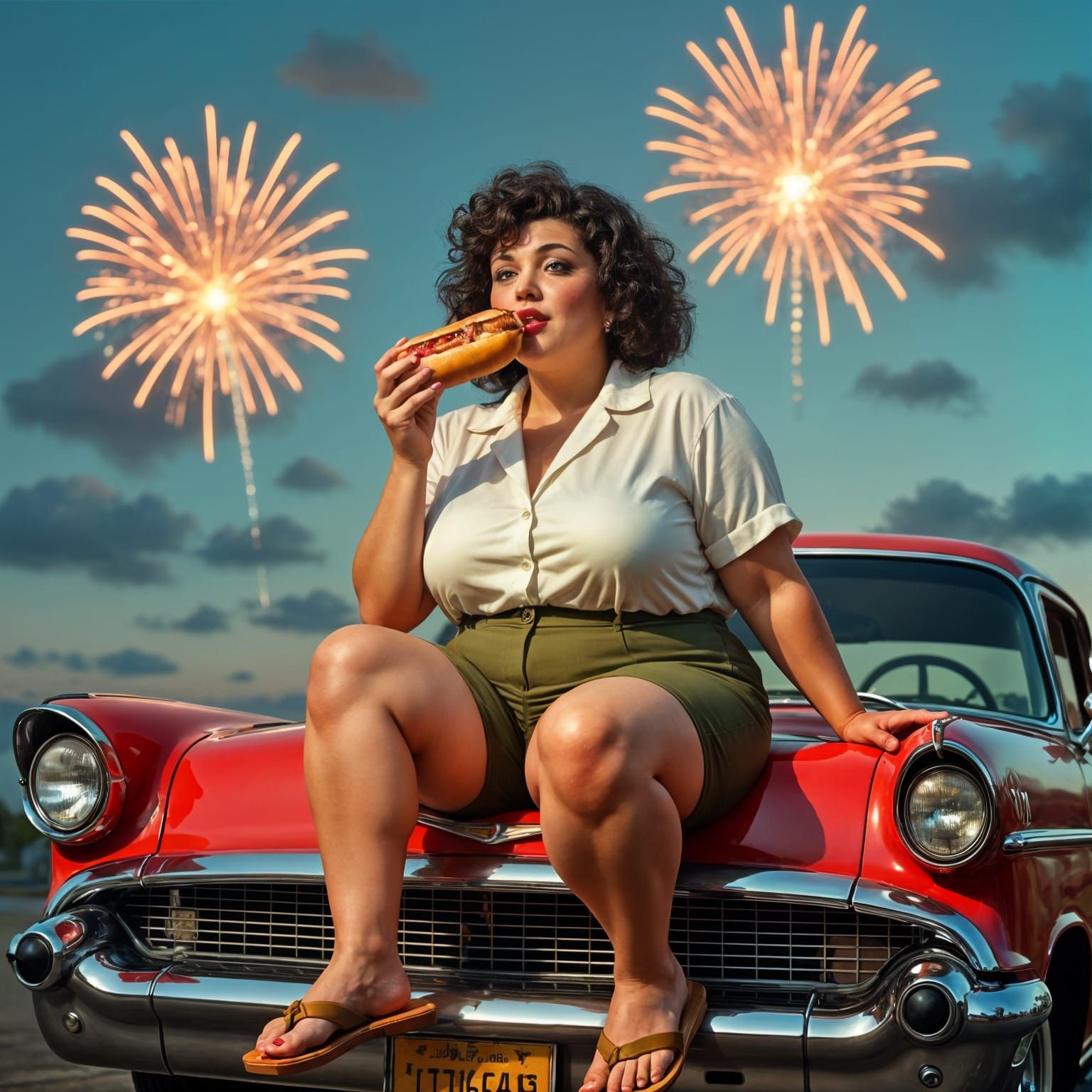 Woman on Chevy Watching Fireworks, Hyperrealistic