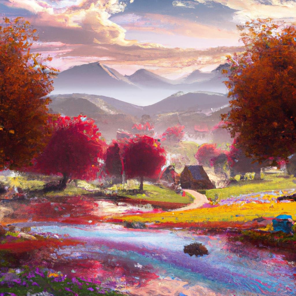 Autumn Landscape with Red Barn in Digital Art Style