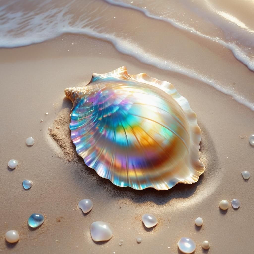 Iridescent Shell on Sandy Beach: Concept Art