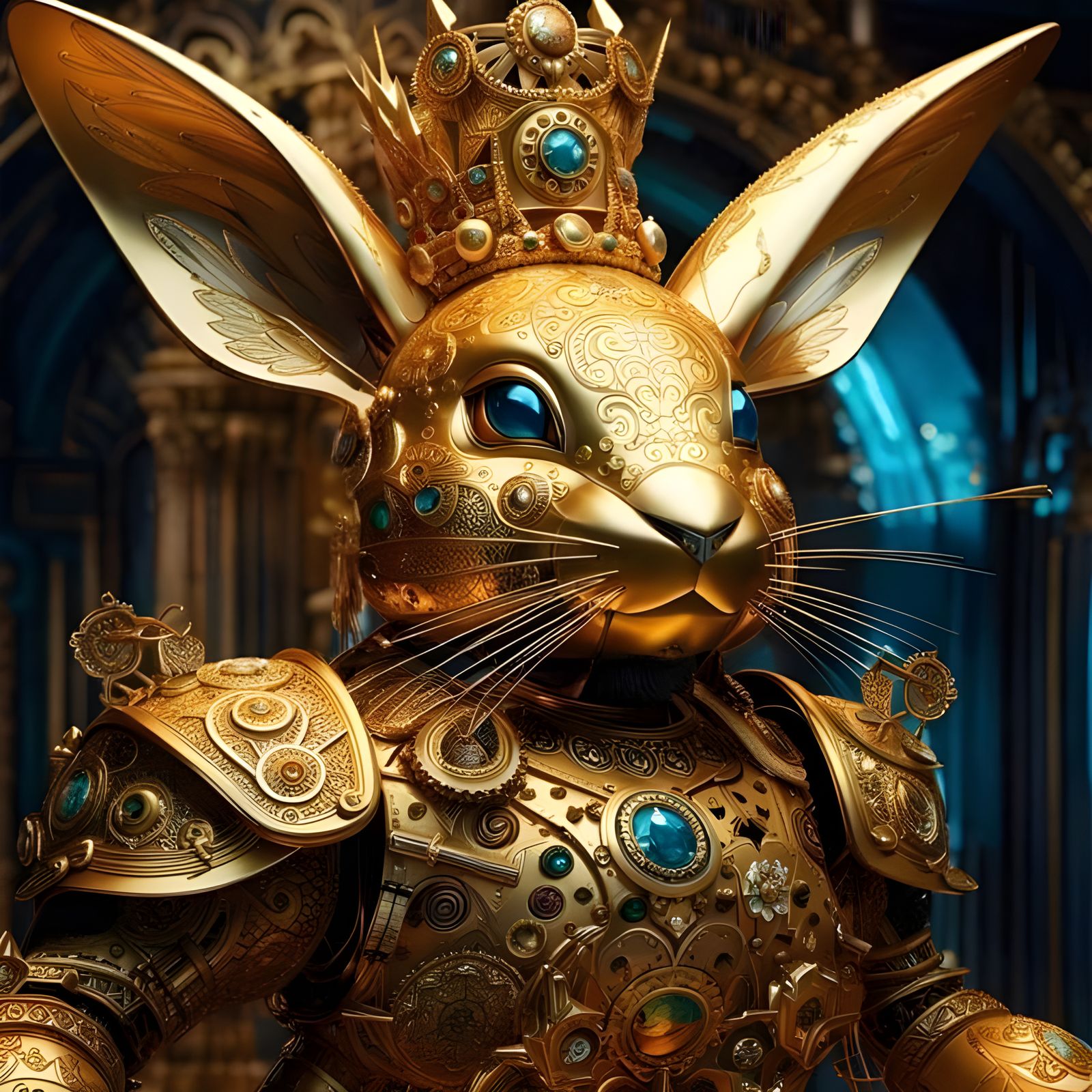 Gold Robot Bunny King with Filigree Crown