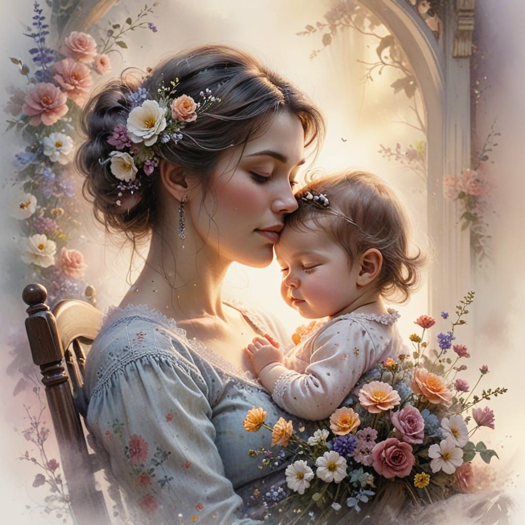 Ethereal Mother Holding Newborn in Watercolor